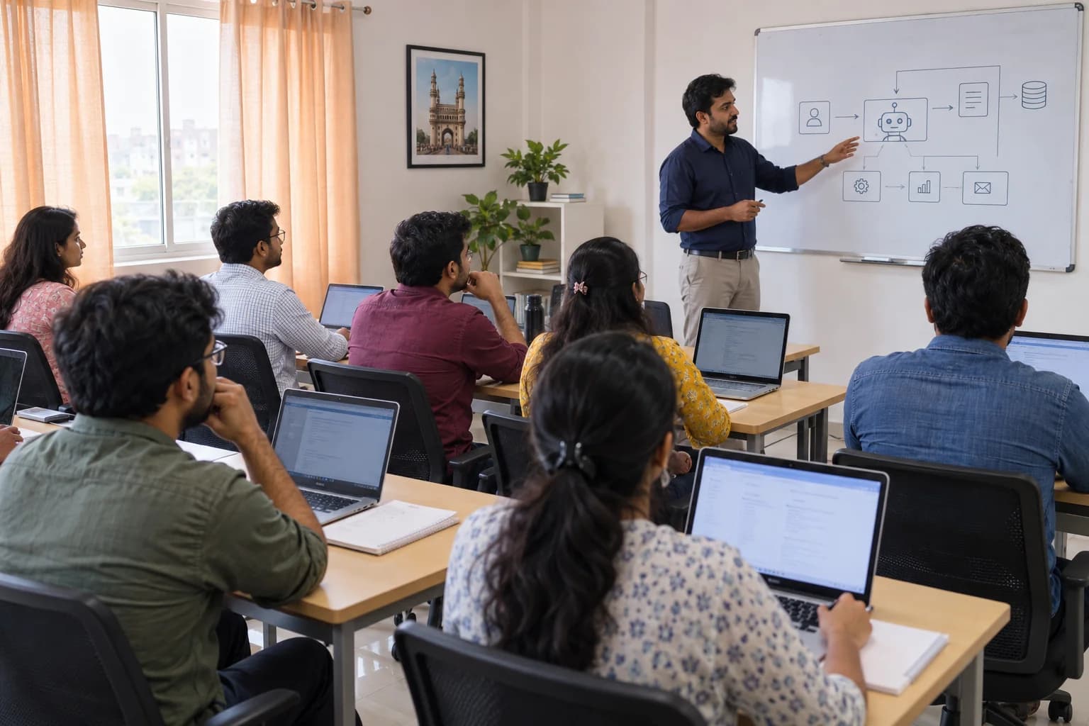 AI-generated illustration: a wide classroom view of learners exploring an ai agent workflow