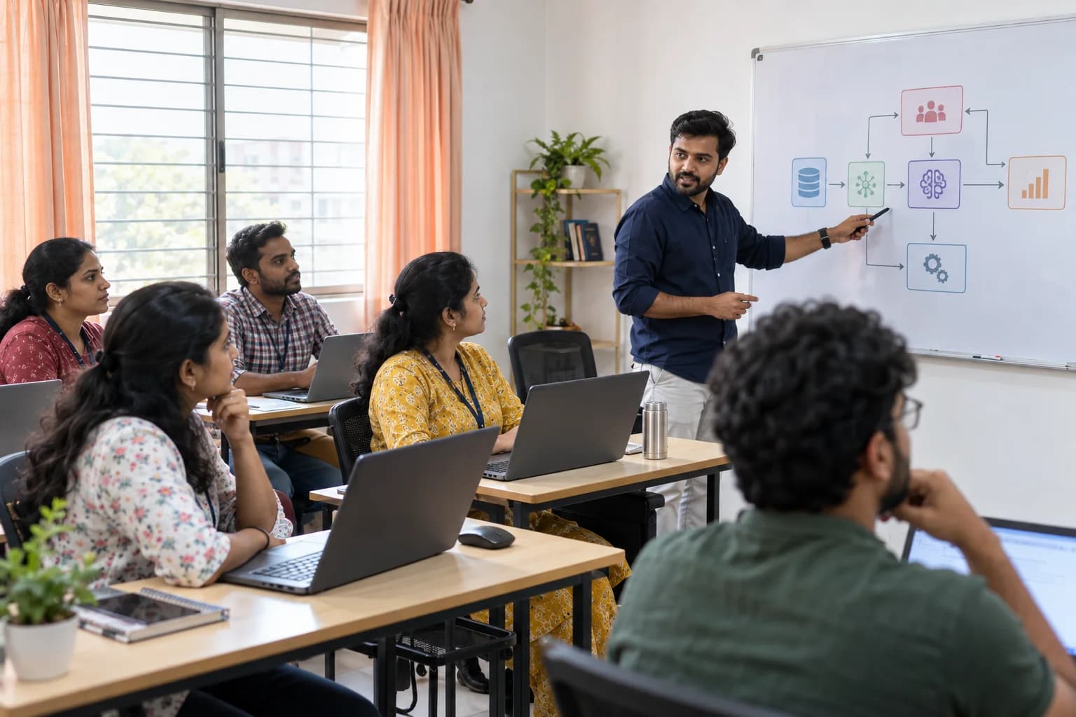 AI-generated illustration: a classroom discussion around a connected ai workflow