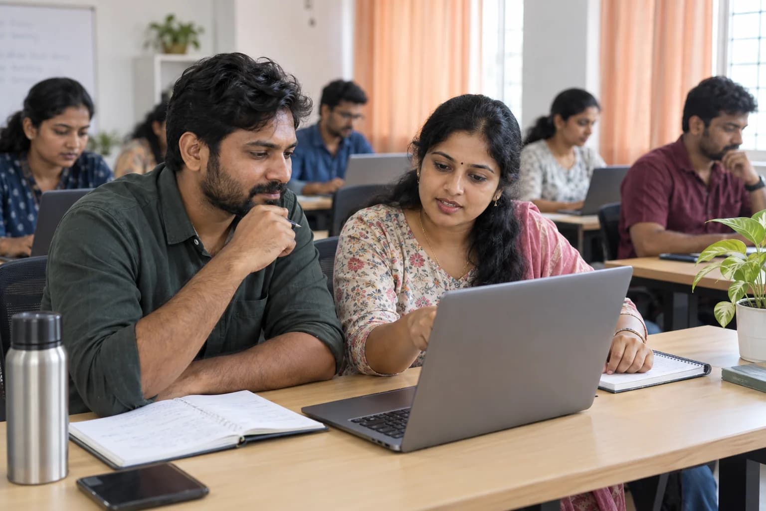 AI-generated illustration: learners reviewing a draft and notes together at a desk