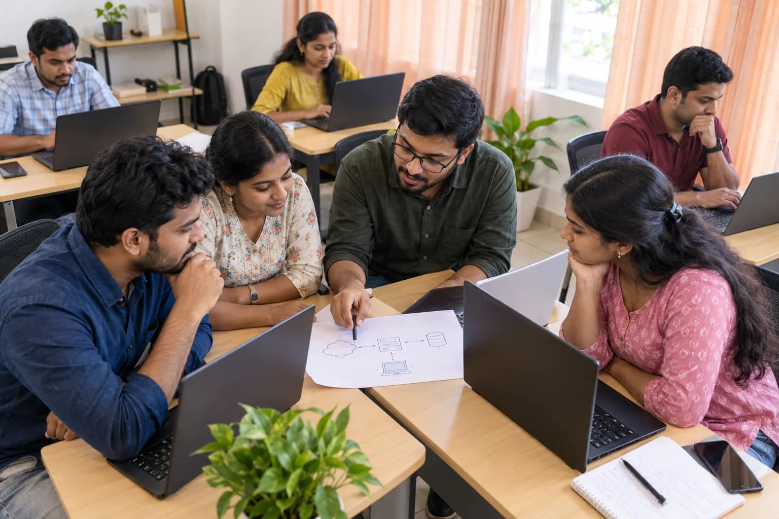 AI-generated illustration: an overhead view of a group discussing model deployment