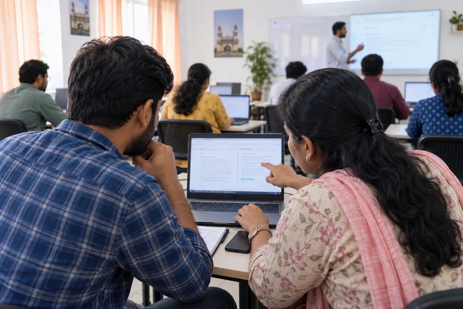 AI-generated illustration: an over-the-shoulder view of learners comparing prompts on a laptop